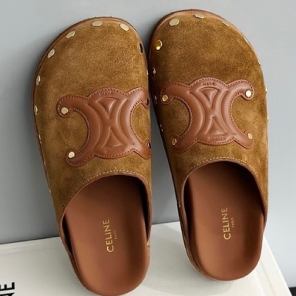 Celine Brown Suede Mules with Embossed Detail